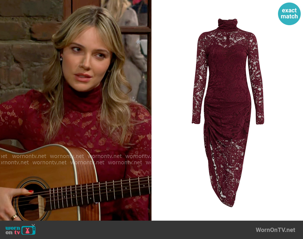 Generation Love Iria Floral Lace Midi-Dress in Dark Red worn by Tessa Porter (Cait Fairbanks) on The Young and the Restless