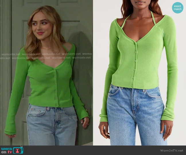 Good American Rib Off the Shoulder Top in Lime worn by Holly Jonas (Ashley Puzemis) on Days of our Lives