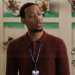 Gregory’s red ribbed cardigan on Abbott Elementary