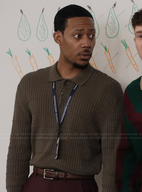 Gregory’s green ribbed polo sweater on Abbott Elementary