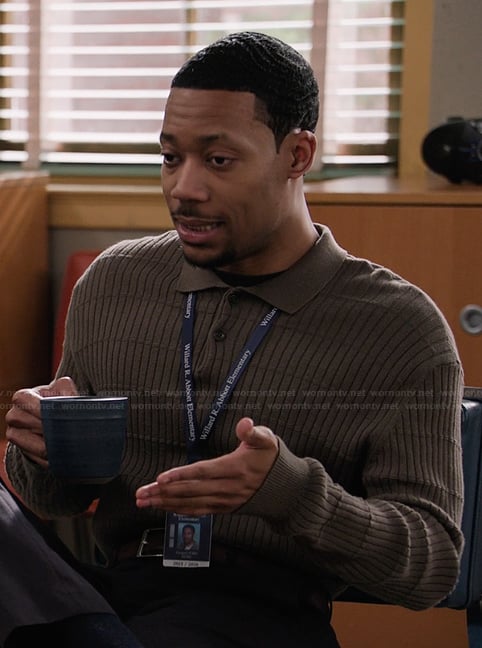 Gregory’s green ribbed polo sweater on Abbott Elementary