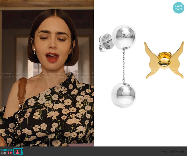 Guzema Duo Orb Earrings worn by Emily Cooper (Lily Collins) on Emily in Paris