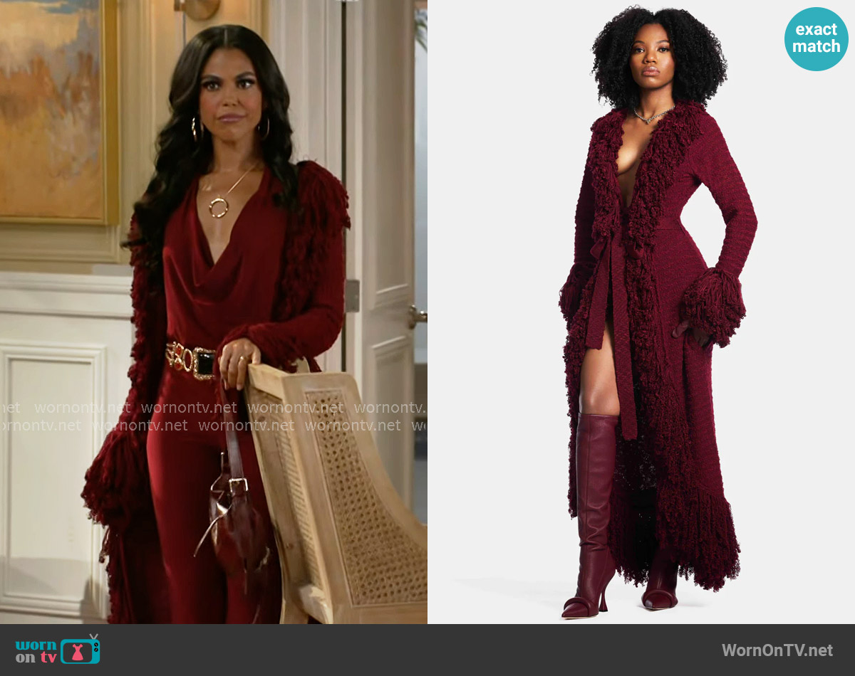 Hanifa Mila Knit Cardigan Dress in Maroon worn by Dani Dupree (Karla Mosley) on Beyond the Gates