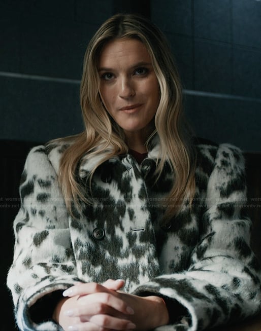 Harper’s cow print faux fur jacket on Elsbeth