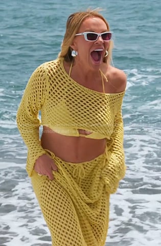 Heahter’s yellow open knit crop top and skirt on The Real Housewives of Salt Lake City
