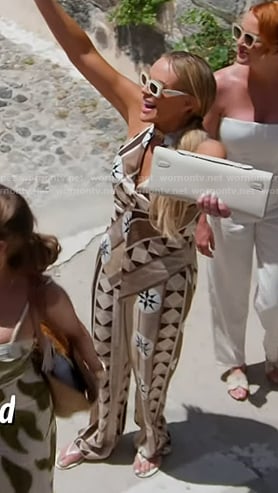 Heather’s beige print keyhole top and pants on The Real Housewives of Salt Lake City