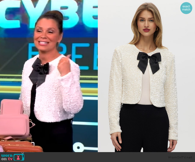 Hilary Radley White Sequin Cropped Cardigan with Grosgrain Bow worn by Gretta Monahan on The View