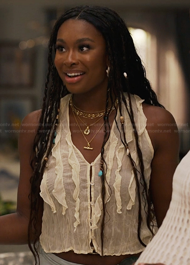 Hilary’s white ruffle front top on Bel-Air