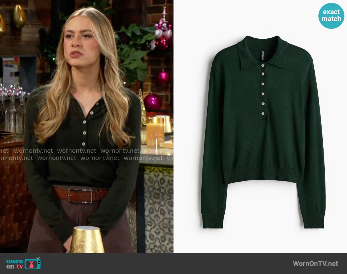 H&M Long-Sleeved Polo Shirt in Dark Green worn by Claire Grace (Hayley Erin) on The Young and the Restless