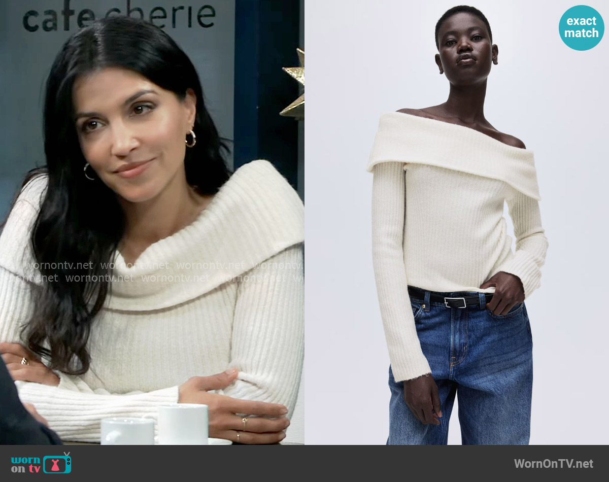 H&M Rib-Knit Off-the-Shoulder Top in Cream worn by Justine Turner (Nazneen Contractor) on General Hospital