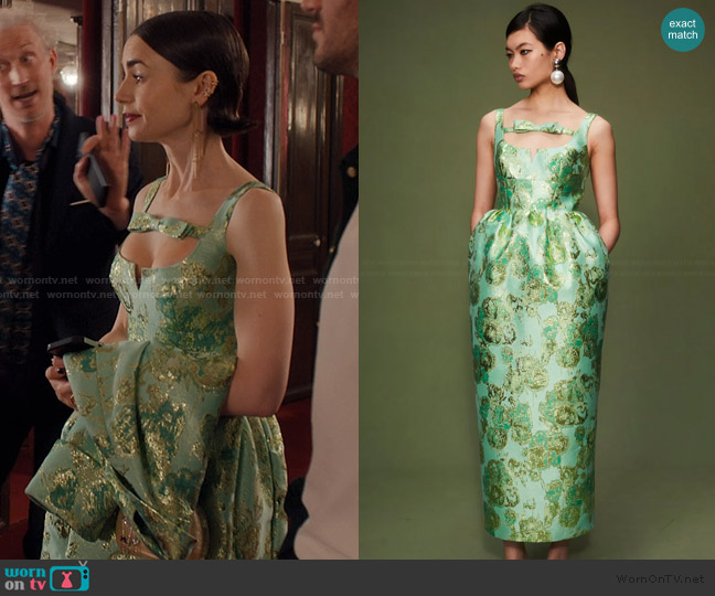 Huishan Zhang Sidra dress jade jacquard worn by Emily Cooper (Lily Collins) on Emily in Paris