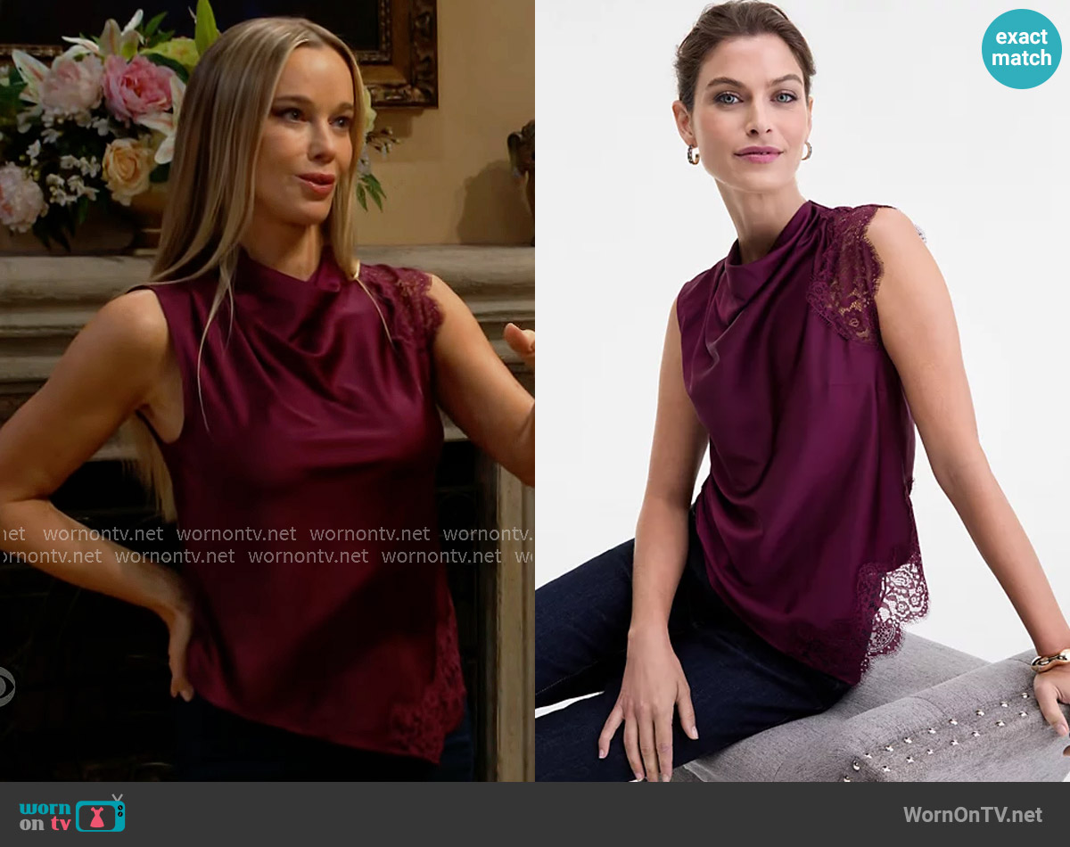 INC International Concepts Lace-Trim Cowl-Neck Sleeveless Top in Berried Treasure worn by Donna Logan (Jennifer Gareis) on The Bold and the Beautiful