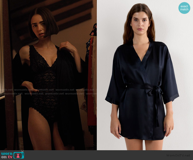 Intimissimi Silk Kimono worn by Emily Cooper (Lily Collins) on Emily in Paris