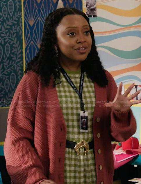 Janine’s green gingham check dress on Abbott Elementary