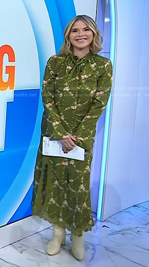 Jenna’s green floral tie neck blouse and skirt on Today