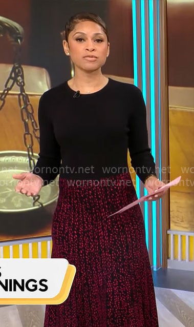 Jericka Duncan’s black dress with red printed skirt on CBS Mornings