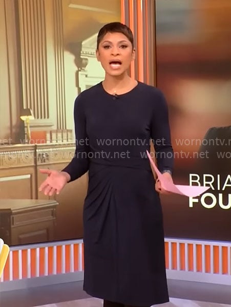 Jericka Duncan’s draped front long sleeve dress on CBS Mornings