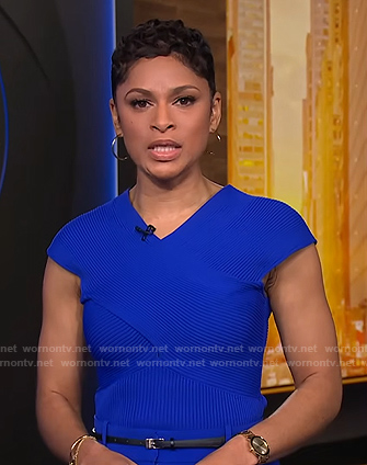 Jericka’s blue ribbed cross front top on CBS Evening News