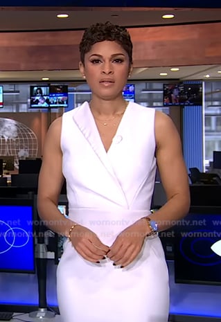 Jericka’s white sleeveless surplice dress on CBS Evening News