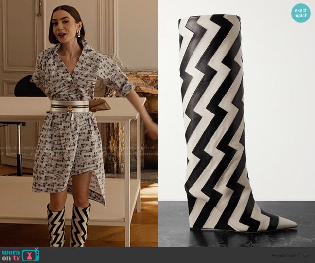 Jimmy Choo Blake 85 two-tone leather wedge knee boots worn by Emily Cooper (Lily Collins) on Emily in Paris
