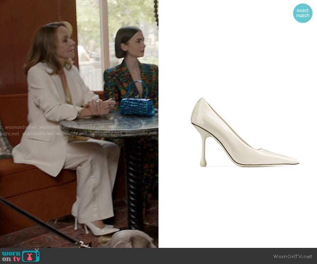 Jimmy Choo Ixia 95 Patent Leather Pumps in White worn by Sylvie (Philippine Leroy-Beaulieu) on Emily in Paris