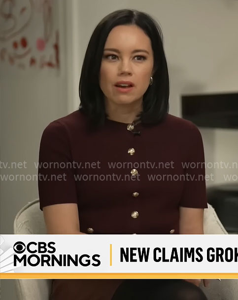 Jo Ling Kent’s burgundy cardigan with gold buttons on CBS Mornings