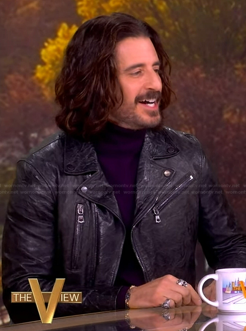 Jonathan Roumie’s black leather jacket on The View