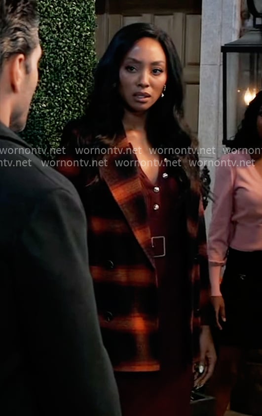 Jordan’s burgundy dress and plaid coat on General Hospital