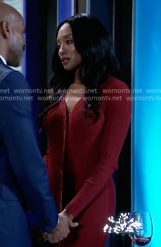 Jordan’s burgundy rib knit maxi dress on General Hospital