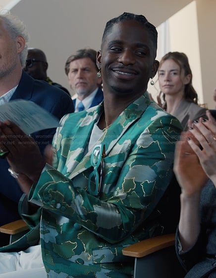 Julien’s green metallic blazer on Emily in Paris
