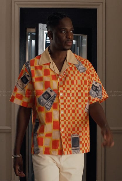Julien’s mobile phone print shirt on Emily in Paris