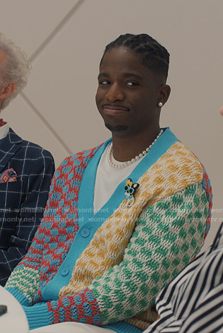 Julien’s multicolor check knit cardigan on Emily in Paris