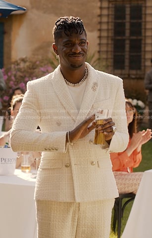 Julien’s white tweed suit on Emily in Paris