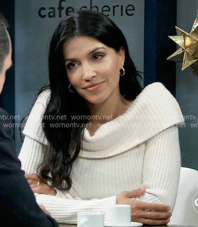 Justine’s white off-shoulder sweater on General Hospital