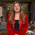 Kelly’s red velvet blazer and pants on The Kelly Clarkson Show