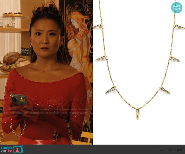 Kendra Scott Small Spike 14k Yellow Gold Strand Necklace worn by Mindy Chen (Ashley Park) on Emily in Paris