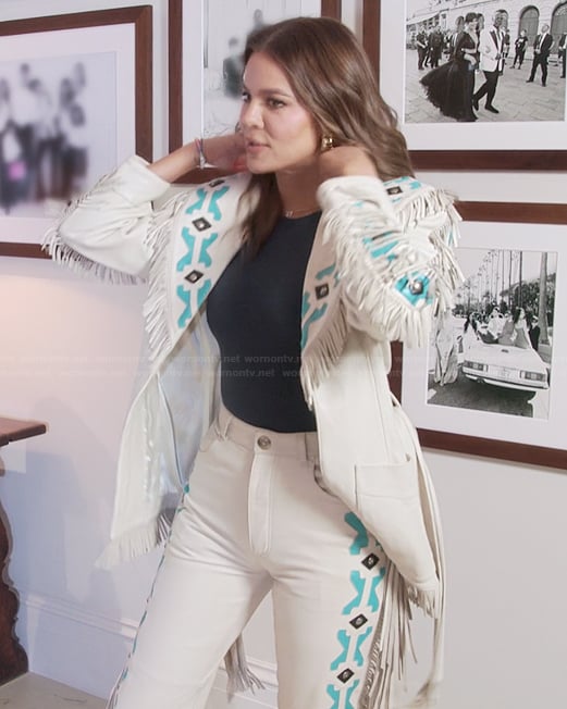 Khloe’s white leather embroidered jacket and pants on The Kardashians