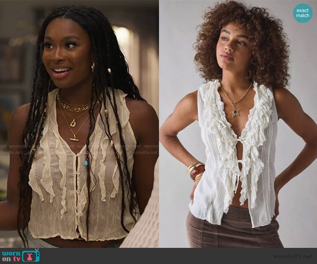 Kimchi Blue Clara Cascading Ruffle Tie-Front Tank Top worn by Hilary Banks (Coco Jones) on Bel-Air