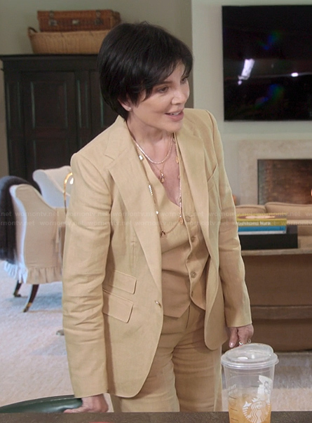 Kris’s beige vest and blazer on The Kardashians