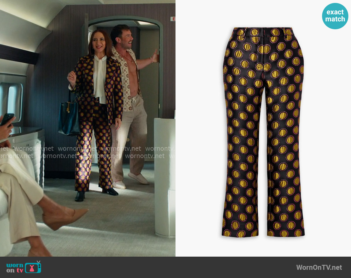 La DoubleJ Hendrix metallic jacquard flared pants worn by Molly Novak (Maya Rudolph) on Loot