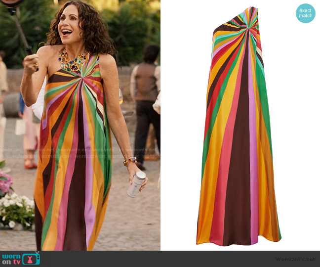 LA DoubleJ Roy one-shoulder silk maxi dress worn by Princess Jane (Minnie Driver) on Emily in Paris