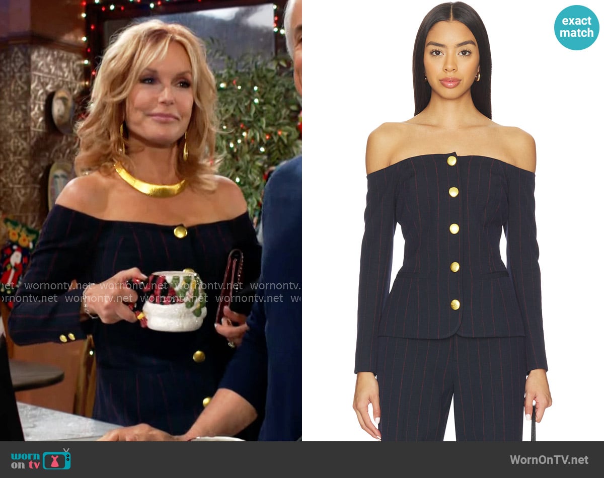 L'Agence Alice Off Shoulder Pinstripe Blazer worn by Lauren Fenmore (Tracey Bregman) on The Young and the Restless