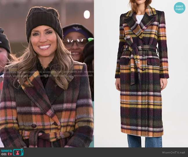 L'Agence Olina Long Coat with Belt in Multi Plaid worn by Rhiannon Ally on Good Morning America