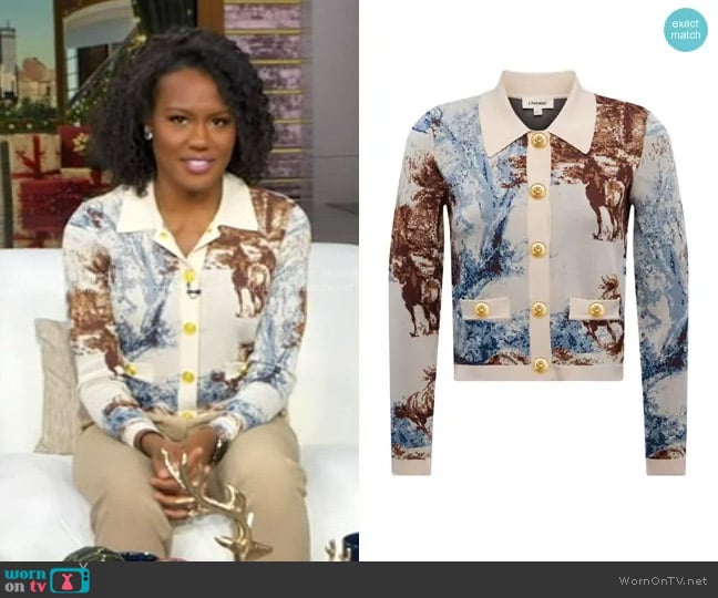 L'Agence Osiris Jacquard Collared Cardigan in Tan Mt Western Toile worn by Janai Norman on Good Morning America