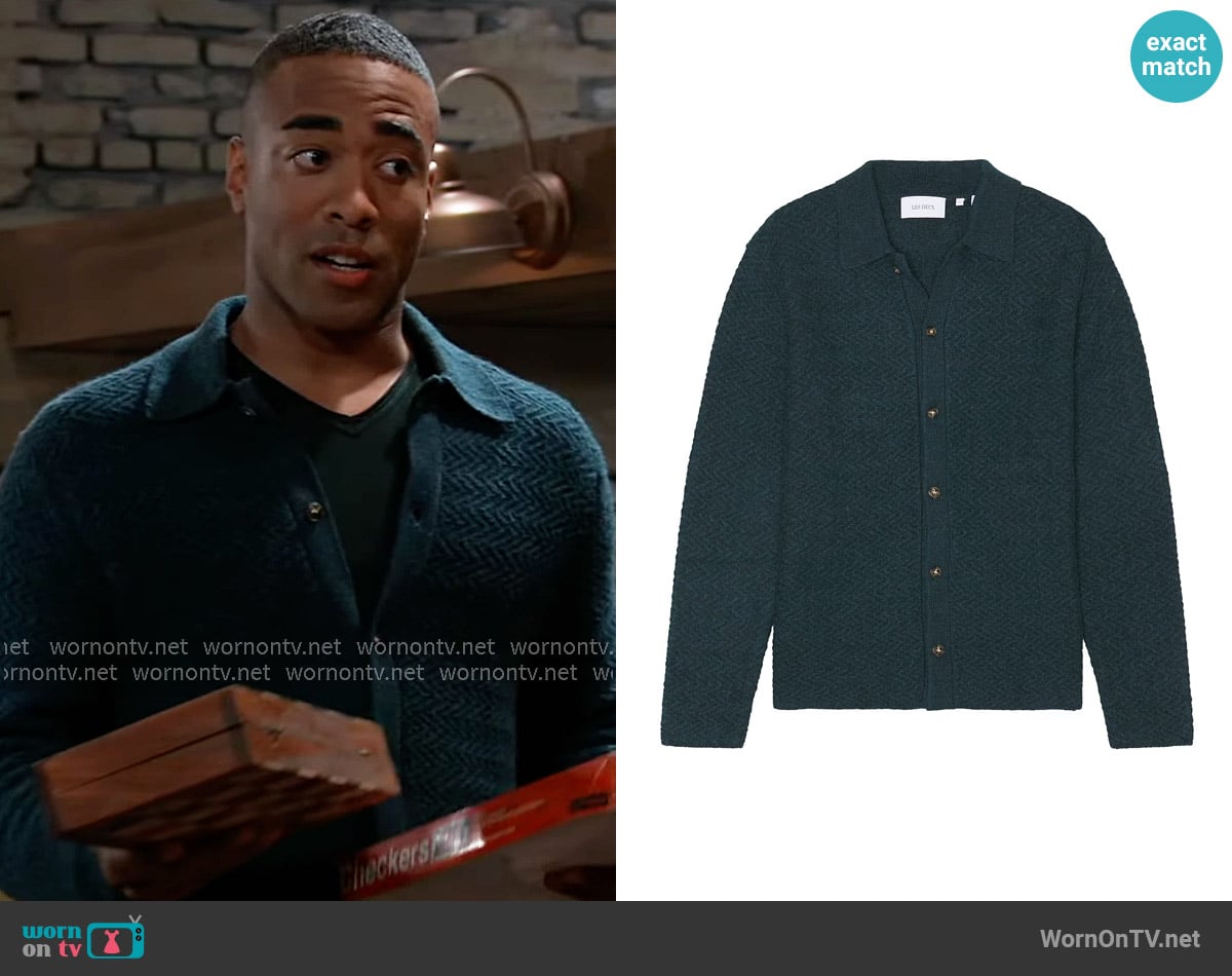 Les Deux Finnegan Knit Shirt in Pine Green worn by Isaiah Gannon (Sawandi Wilson) on General Hospital