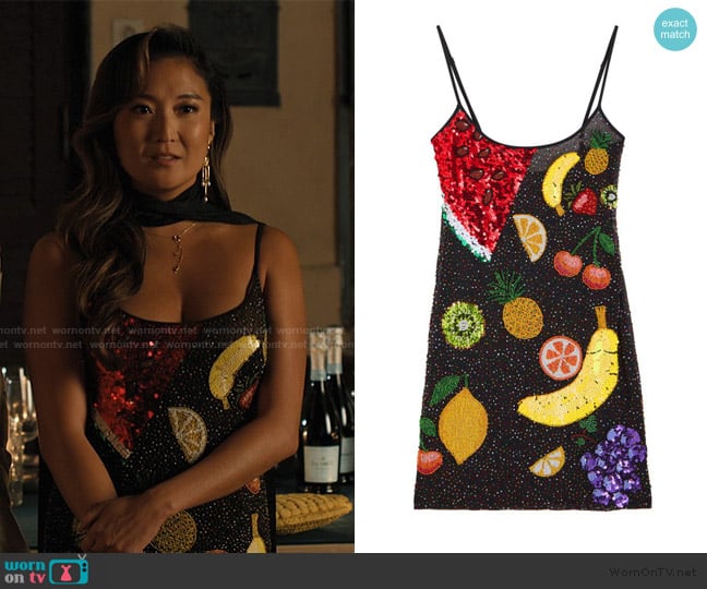 WornOnTV: Mindy's fruit sequin mini dress on Emily in Paris | Ashley Park | Clothes and Wardrobe from TV WornOnTV: Mindy's fruit sequin mini dress on Emily in Paris | Ashley Park | Clothes and Wardrobe from TV