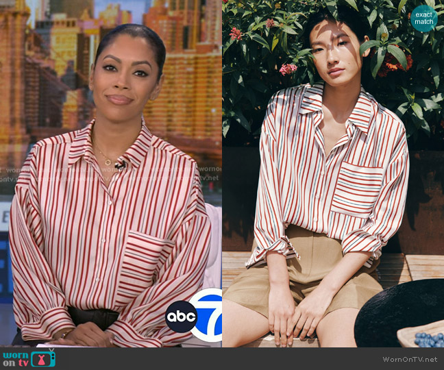 Lily Silk Oversized Striped Silk-Twill Shirt in Munich Stripe worn by Shirleen Allicot on Good Morning America