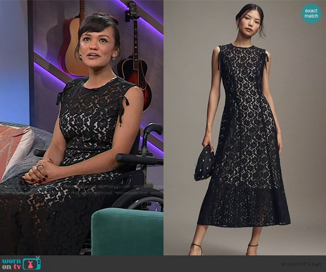 Lovaan Audrey Sleeveless Lace Midi Dress worn by Marissa Bode on The Kelly Clarkson Show