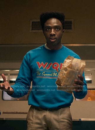 Lucas’s blue WSQK print sweatshirt on Stranger Things