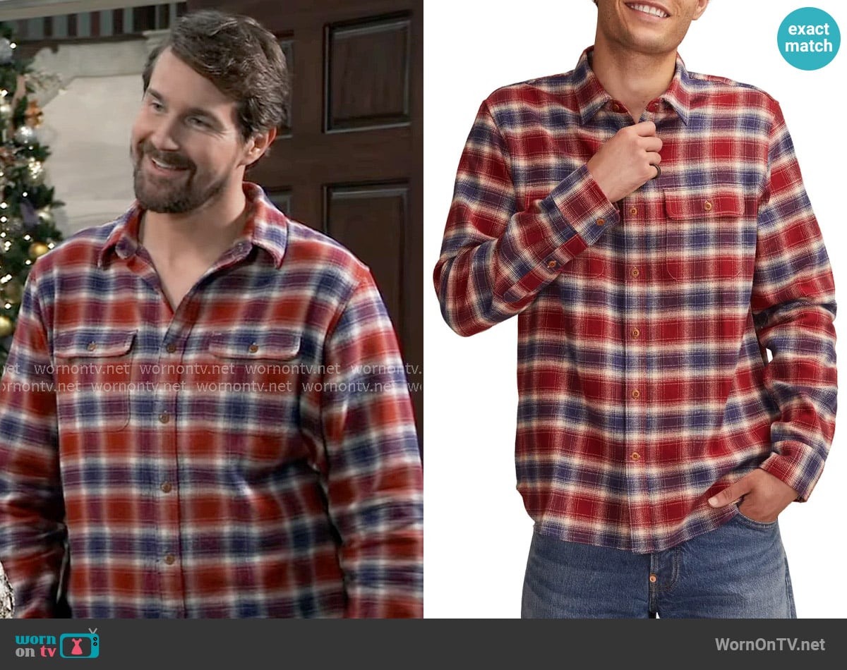 Lucky Brand Cloud Soft Plaid Flannel Button-Up Shirt in Navy Multi worn by Cody Bell (Josh Kelly) on General Hospital